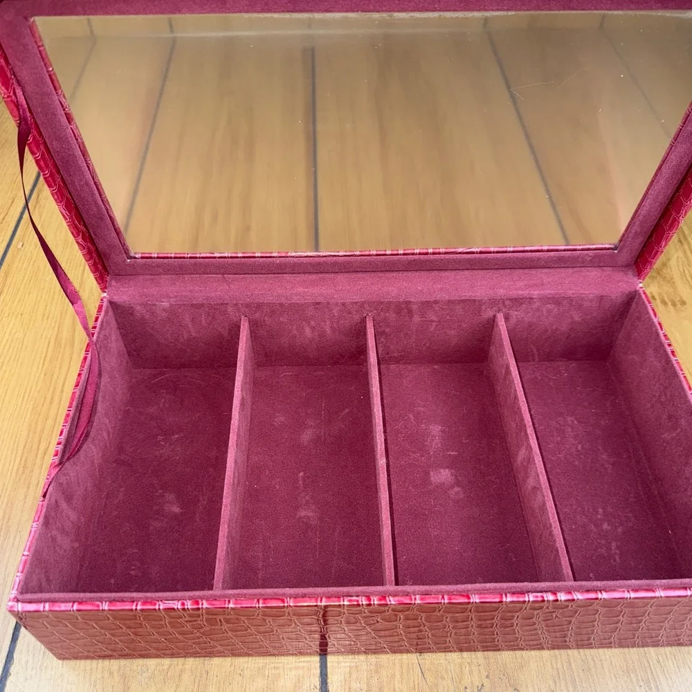 Prestige Red Faux Croc Jewelry Box Organizer with Plastic Lid and 4 Compartments